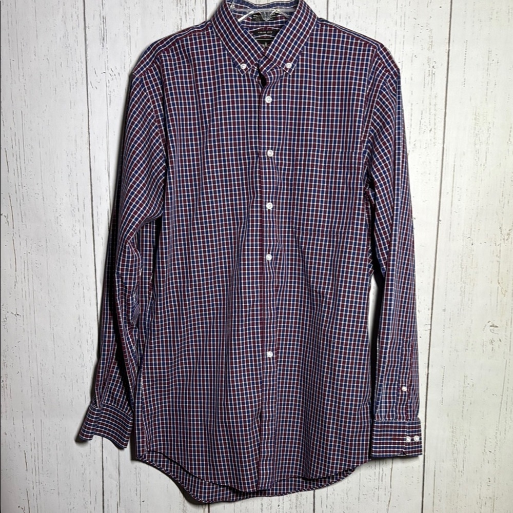 Neiman Marcus Red White Blue Trim Fit Collared Button Down Dress Shirt Neck 16